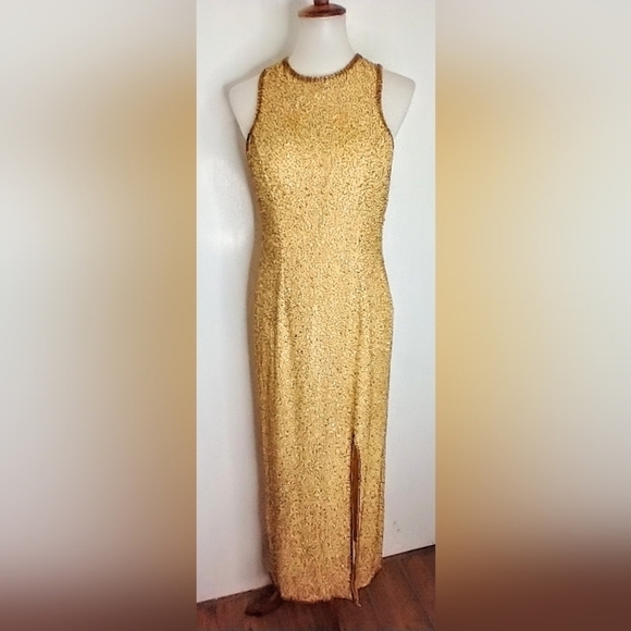 GOLD BEAD AND SEQUINED FORMAL GOWN - Picture 1 of 8